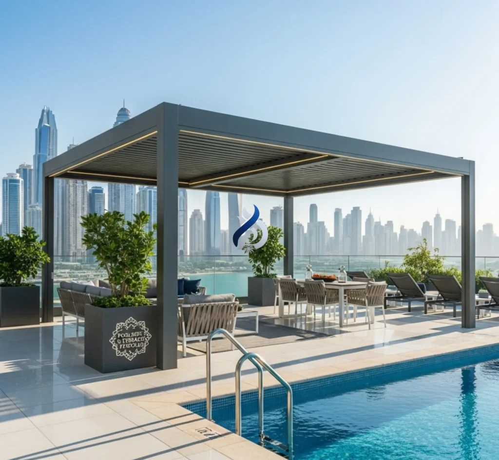 Modern terrace pergola by pool in Dubai villa