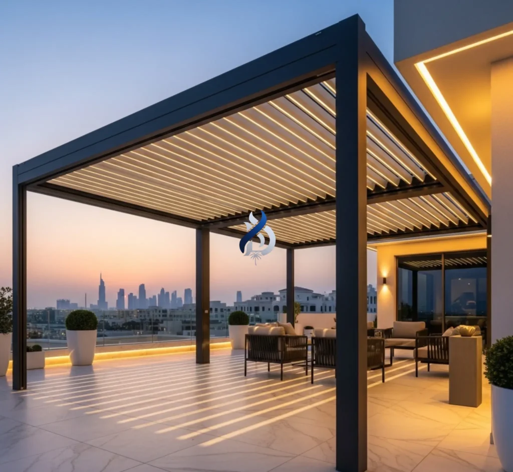 Retractable aluminium pergola shading luxury Dubai terrace